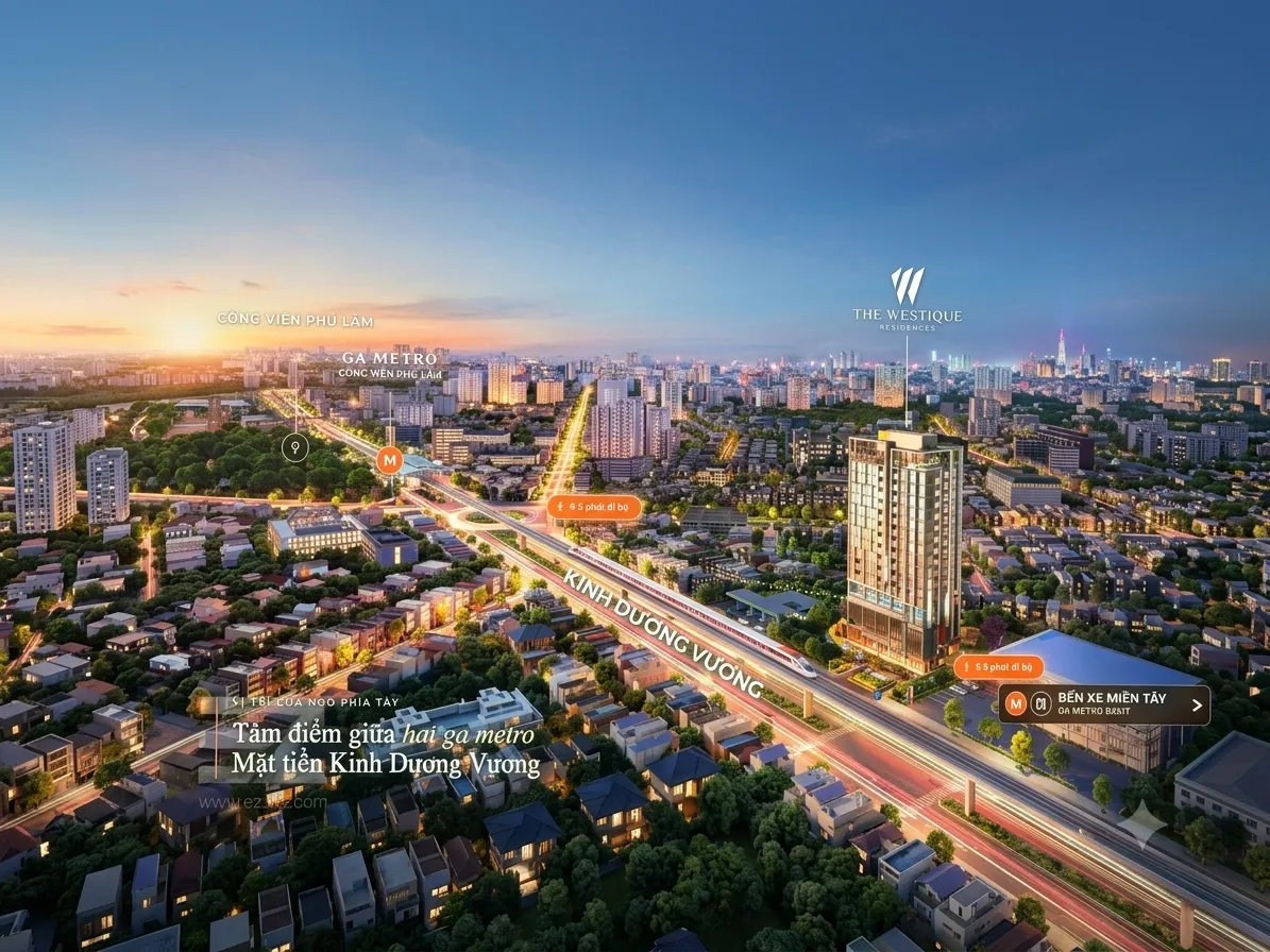 Vị trí The Westique Residence trên mặt tiền Kinh Dương Vương, gần ga metro Công viên Phú Lâm và Bến xe Miền Tây