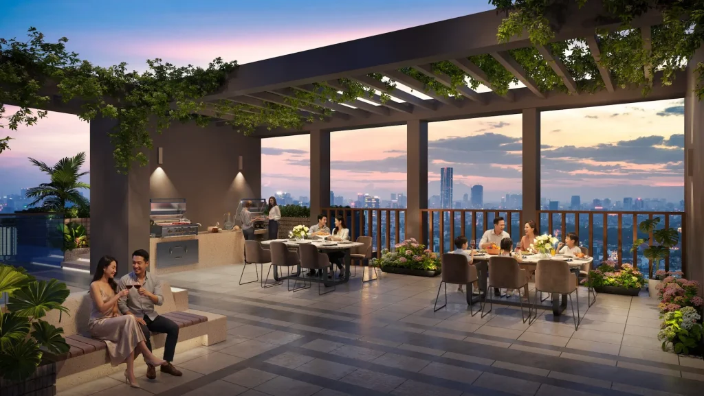 Khu tiện ích ngoài trời với bàn ăn BBQ và view thành phố tại The Quantum Park